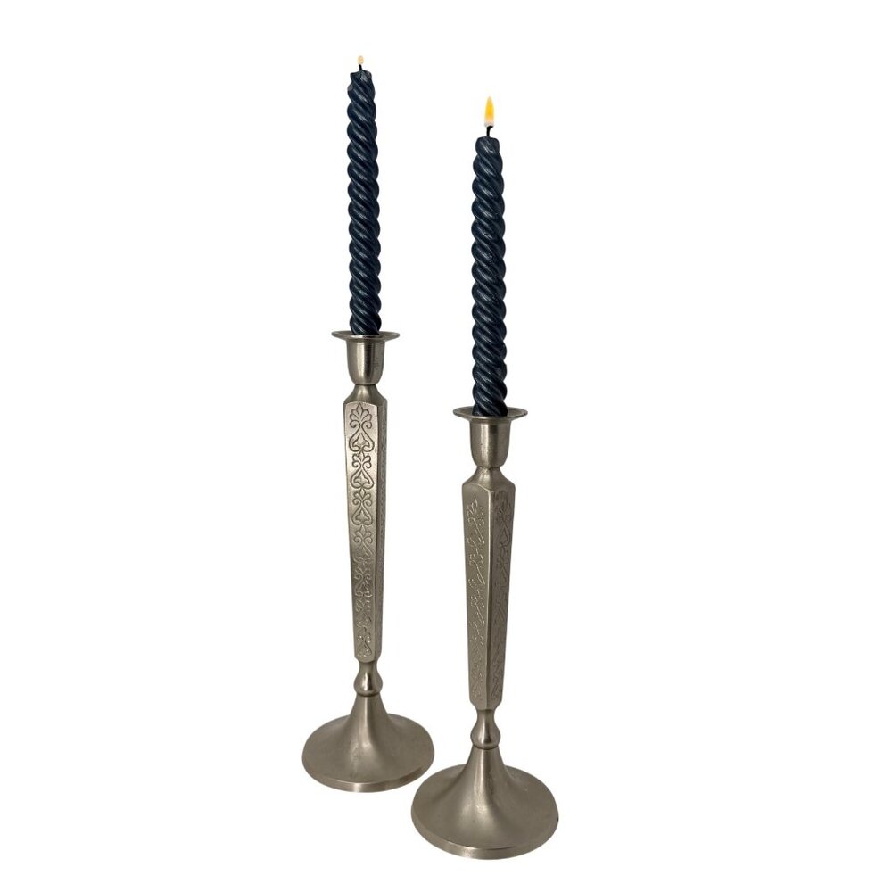 Vintage Pewter Taper Candlesticks‎ Pair Tall Short Heavy Metal Etched Details